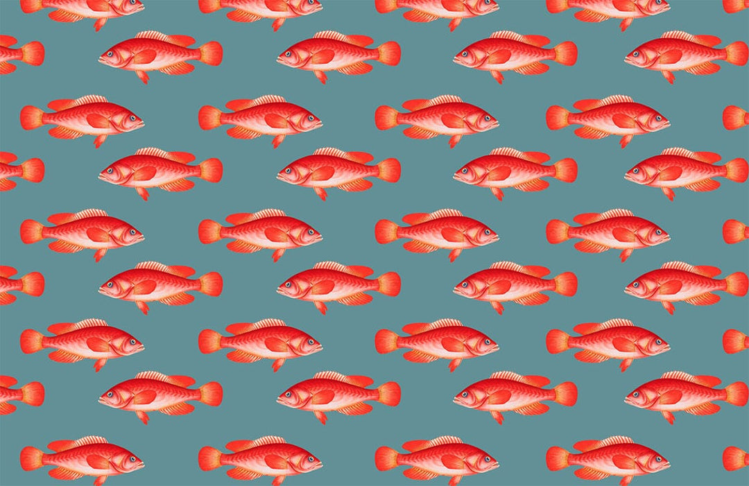 Vibrant Red Fish Pattern Wallpaper for Coastal Interior Design Elegance