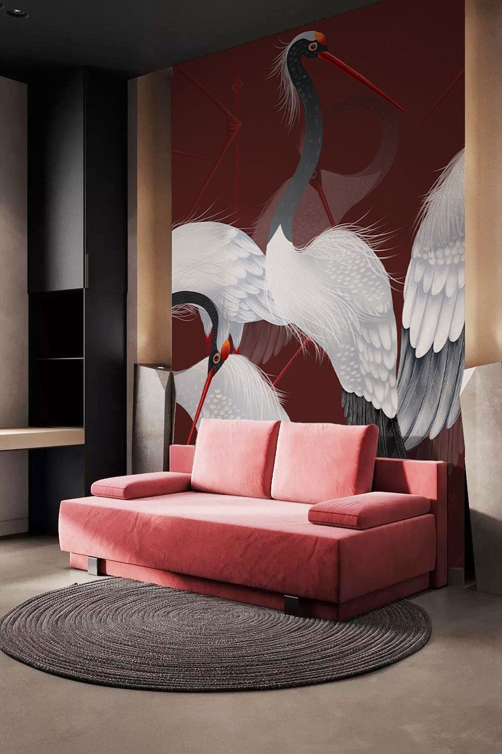Elegant Crane Dance Pattern wallpaper, rich red, with pink sofa, grey flooring, circular rug in living room.