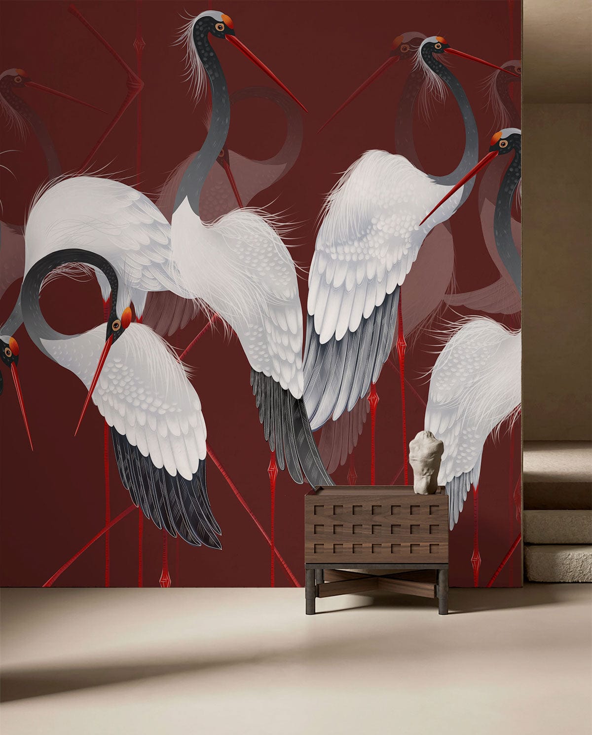 Elegant Crane Dance Pattern Red Mural Wallpaper, modern chair, beige floor, stylish mural decor.