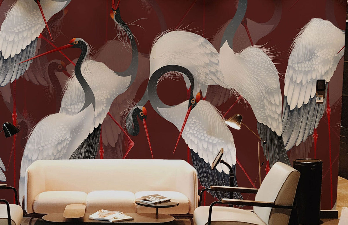 Elegant crane mural in rich red, featuring white sofa, black armchairs, suitable for living rooms.