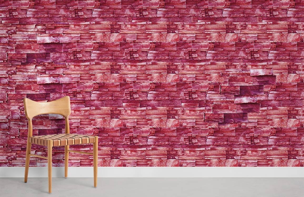 Rustic Red Brick Texture Wallpaper with wooden chair, modern urban style, concrete flooring, white skirting.
