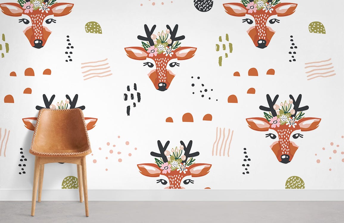 Whimsical deer floral wallpaper, earthy tones, nursery decor, modern leather chair, minimal design.
