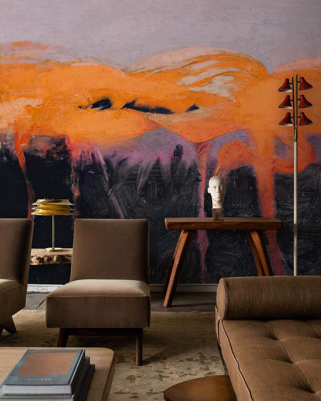 Abstract Orange and Purple Landscape Mural Wallpaper - Modern design, brown sofa, wooden table.