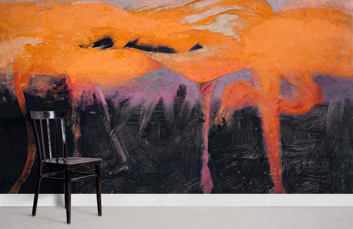Abstract orange and purple mural wallpaper with modern chair on concrete floor in artistic room.