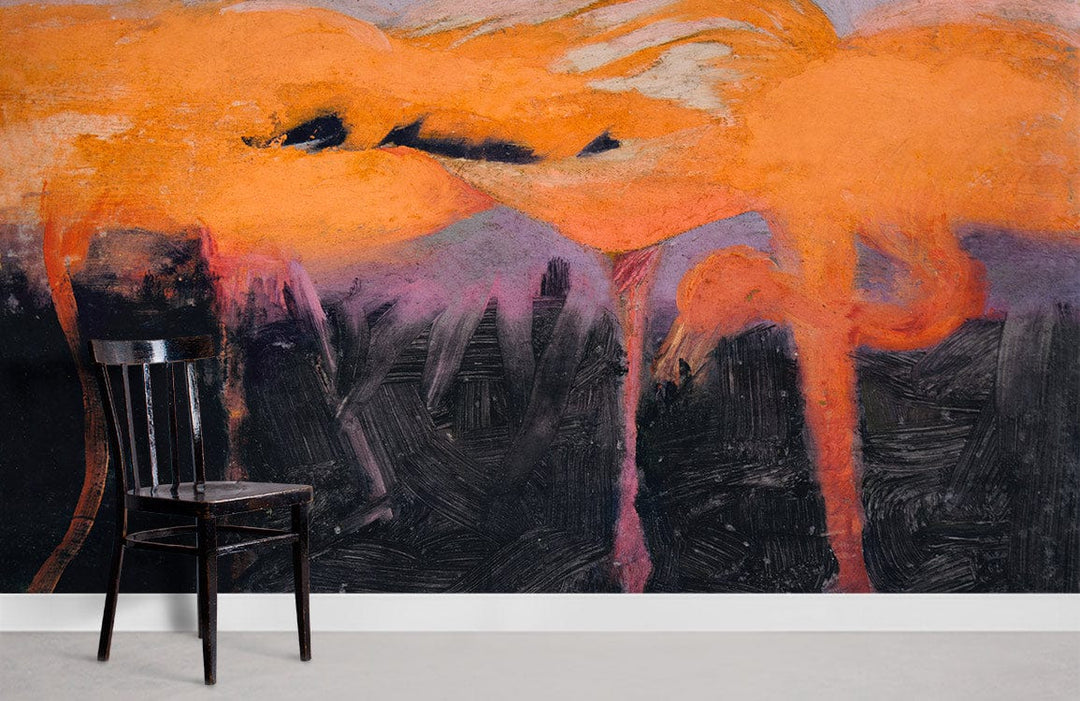 Abstract orange and purple mural wallpaper with modern chair on concrete floor in artistic room.
