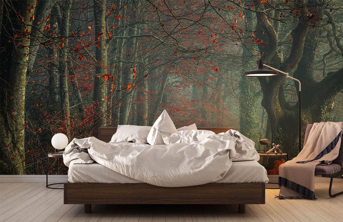 Enchanting autumn forest mural wallpaper, earthy tones, wooden bed, cosy bedroom, modern floor lamp.
