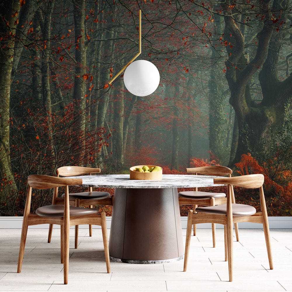 Dining area with Enchanting Autumn Forest Path Mural, wooden chairs, marble table, stone flooring.