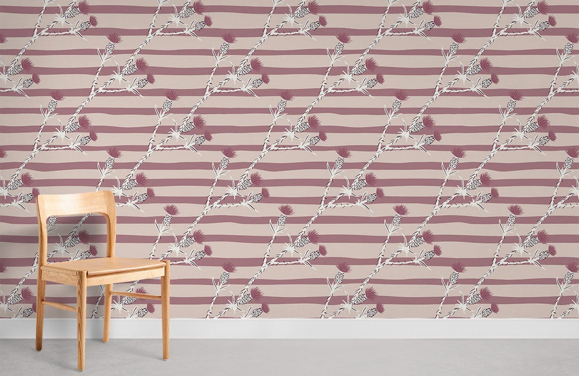 Vintage blush striped floral wallpaper, elegant botanical design, wooden chair, grey flooring, modern room.