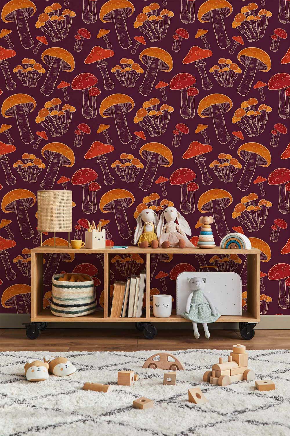 Autumnal Forest Mushroom Pattern Wallpaper with Rustic Orange Tones