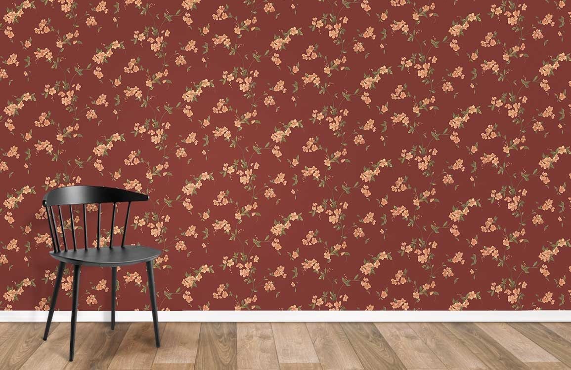 Elegant vintage floral wallpaper, maroon background, black chair, hardwood flooring, classic room style.