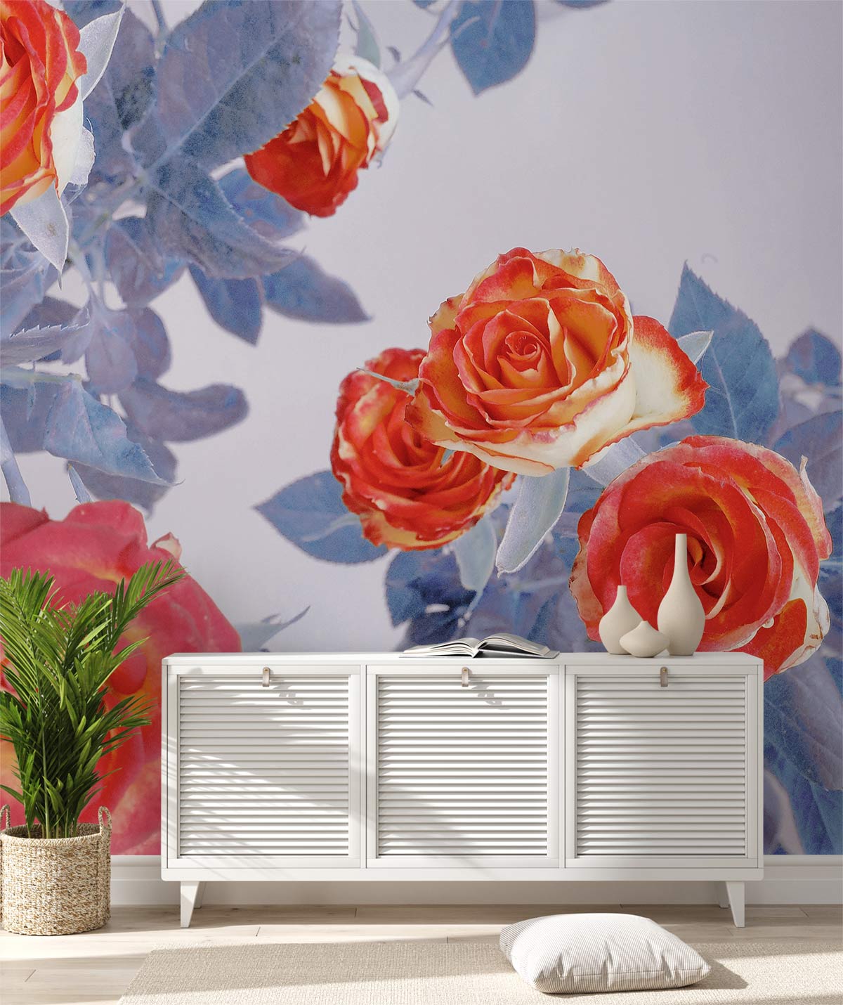 Elegant Floral Wallpaper with orange roses, blue hues, modern aesthetic; white cabinet, wooden flooring.