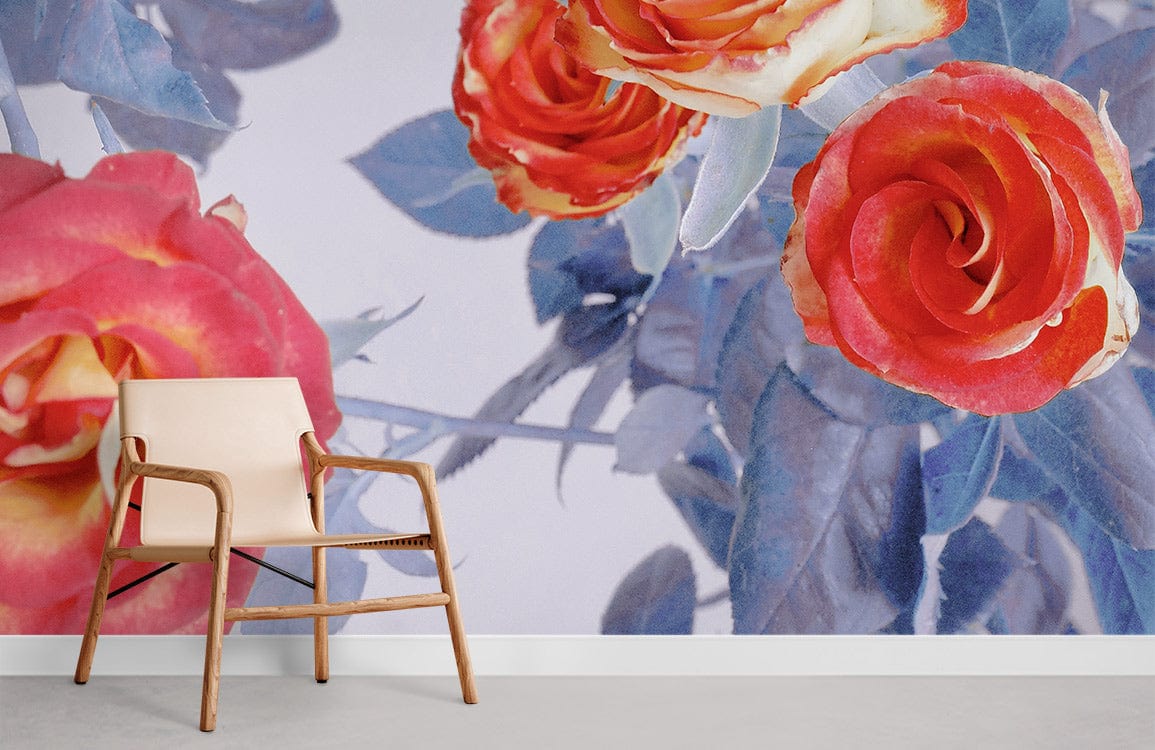 Elegant floral wallpaper with orange roses; minimal wooden chair; neutral flooring; contemporary room style.