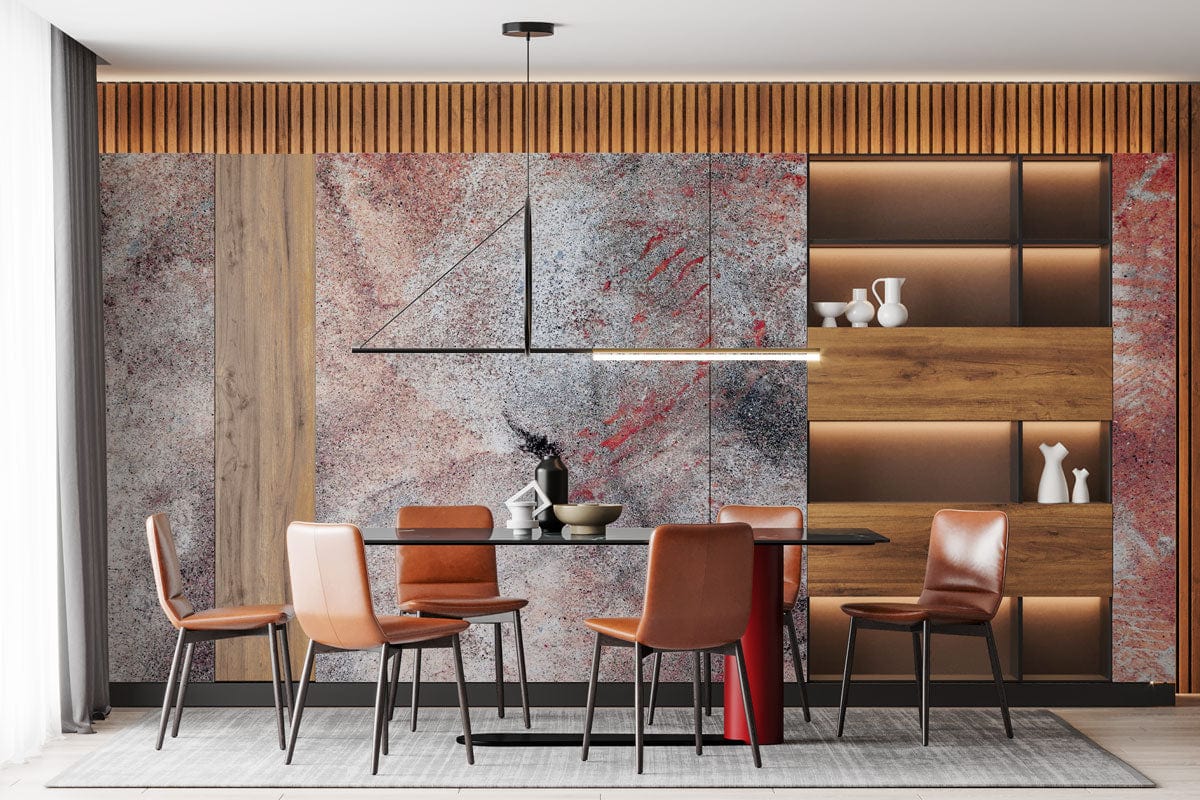 Dining room with Rustic Abstract Textured Mural Wallpaper, brown leather chairs, wooden shelves, contemporary lighting.