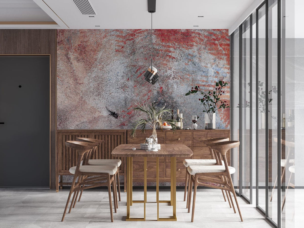 Rustic Abstract Textured Mural Wallpaper in a dining room, wooden chairs, grey flooring, and sideboard.