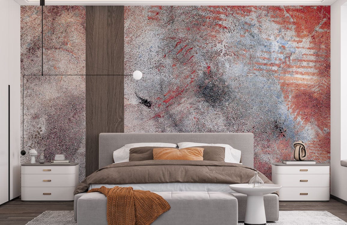 Rustic abstract textured mural wallpaper in red, grey; elegant bedroom with grey bed and modern decor.