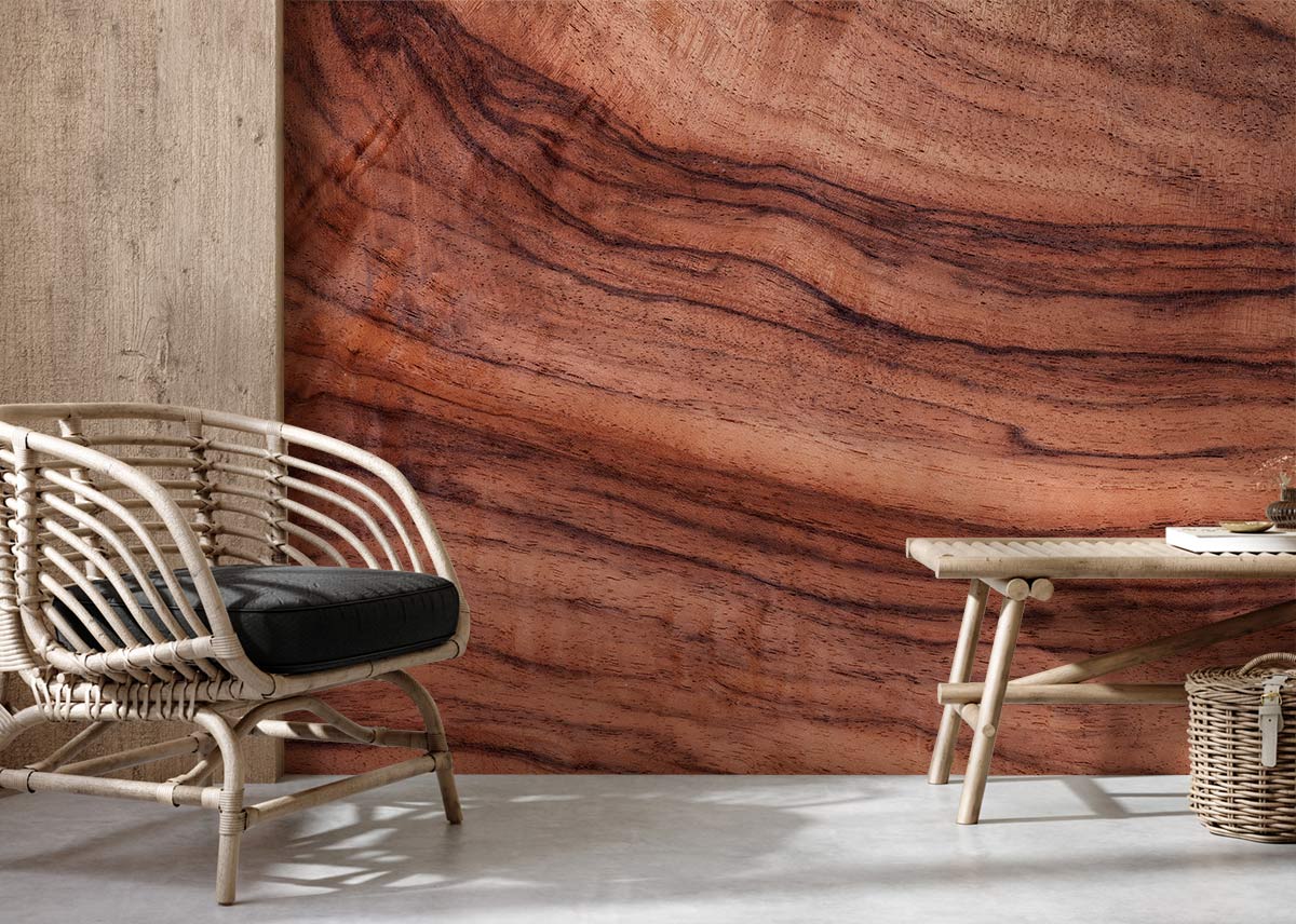 Rattan chair, beige wood table, concrete floor complement Natural Walnut Wood Grain Effect Wallpaper.