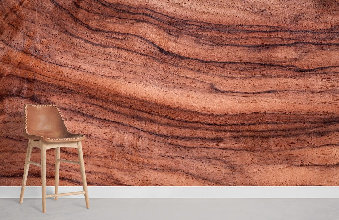 Natural Walnut Wood Grain Effect Wallpaper in rustic brown with tan chair on grey floor.