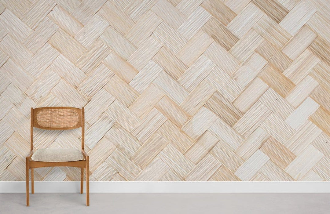 Natural woven basket pattern wallpaper with wooden chair, light beige rustic style decor in modern room.