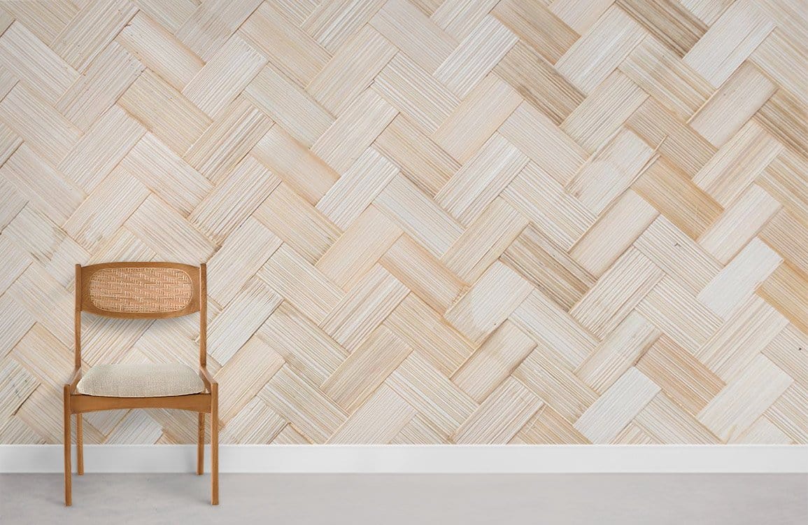 Natural woven basket pattern wallpaper with wooden chair, light beige rustic style decor in modern room.