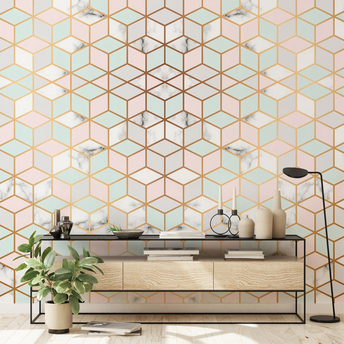 Geometric pastel hexagon wallpaper with gold accents; modern chic room, light wood console table.