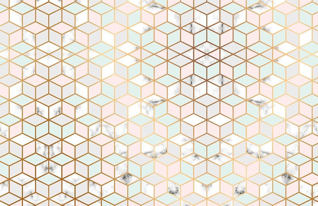 Geometric Pastel Hexagon Wallpaper with Gold Accents - Modern Chic Design