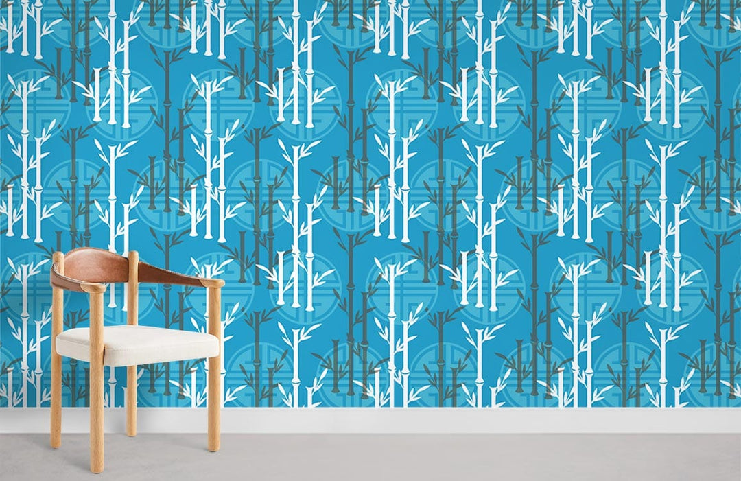 Bamboo Forest Teal Blue Wallpaper, contemporary minimalist design, wooden chair, grey flooring, modern room.