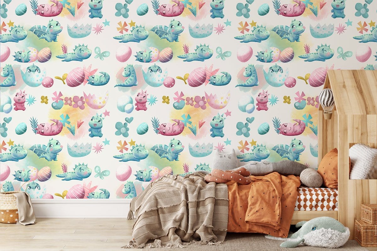 Whimsical pastel creatures nursery wallpaper, wooden floor, cosy pillows, and neutral-toned children's room decor.