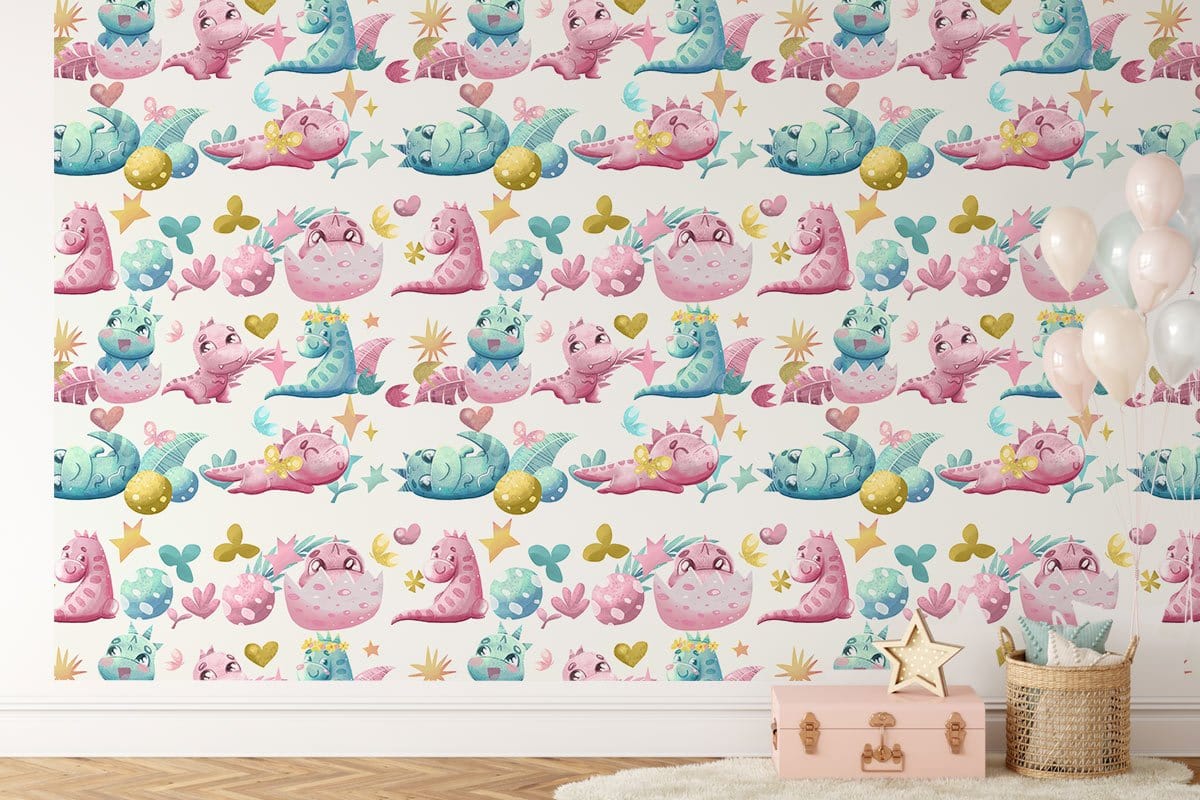 Enchanting nursery with pastel fantasy creatures wallpaper, pink chest, cosy rug, wooden floor.