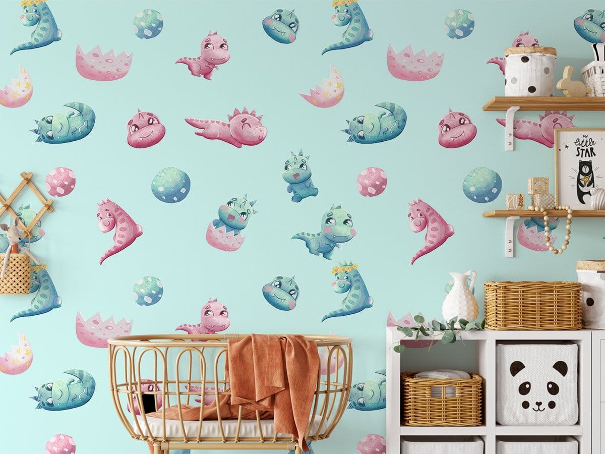 Pastel Dragon Baby Nursery Wallpaper with pink and blue dragons, wicker crib, and playful decor.