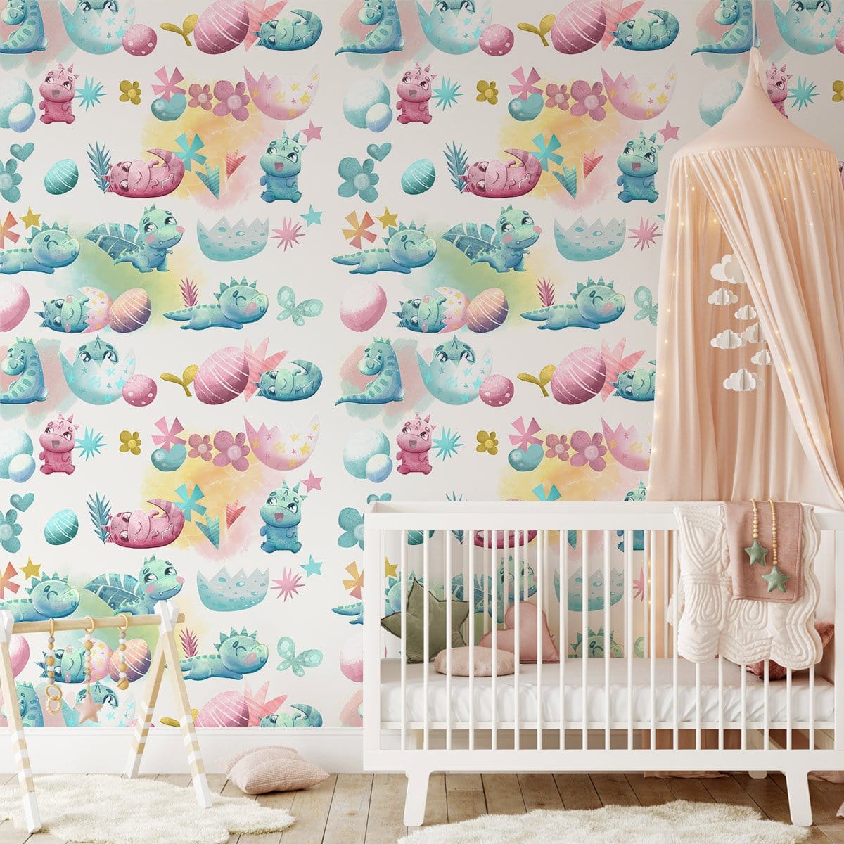 Whimsical pastel creatures wallpaper in nursery with white crib, peach canopy, colourful playful decor.