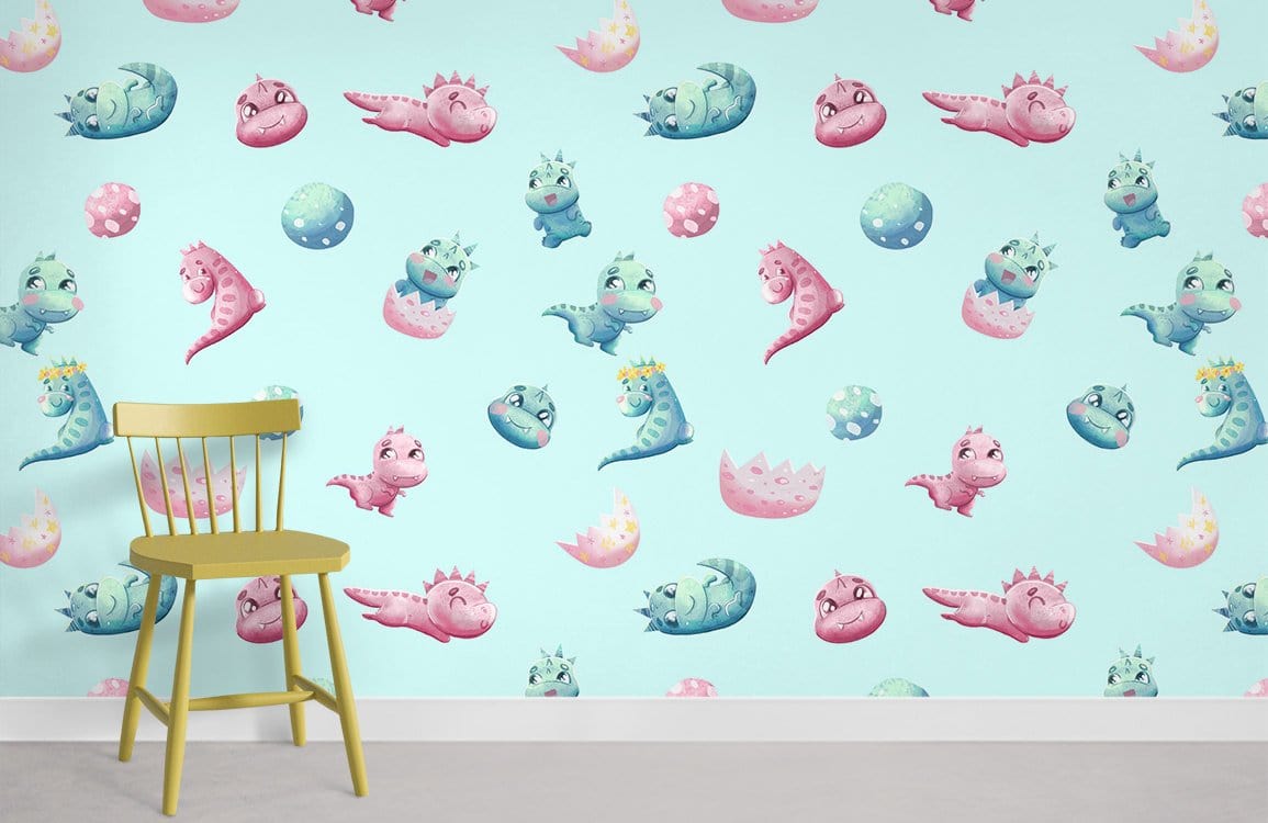Pastel Dragon Baby Nursery Wallpaper with cute pink, blue patterns, yellow chair, grey floor in nursery.