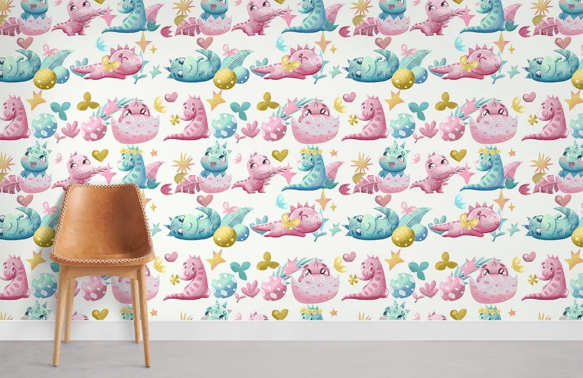 Enchanting nursery wallpaper with pastel fantasy creatures, featuring a brown chair and grey flooring.