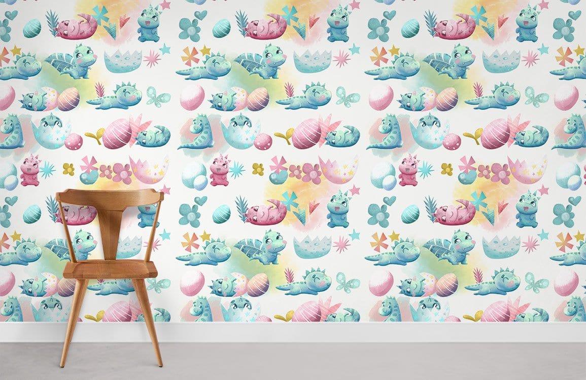 Whimsical Pastel Fantasy Nursery Wallpaper with playful creatures, wooden chair, modern children's room decor.
