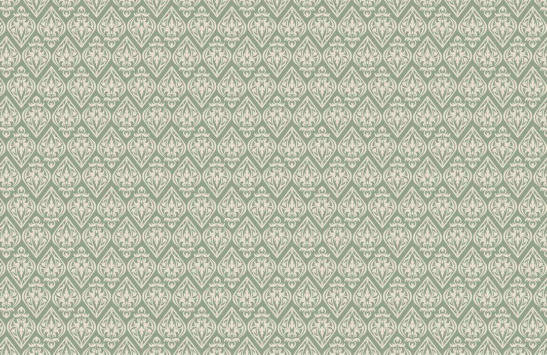 Victorian-Inspired Sage Green Damask Patterned Wallpaper, Elegant Interior Design Style