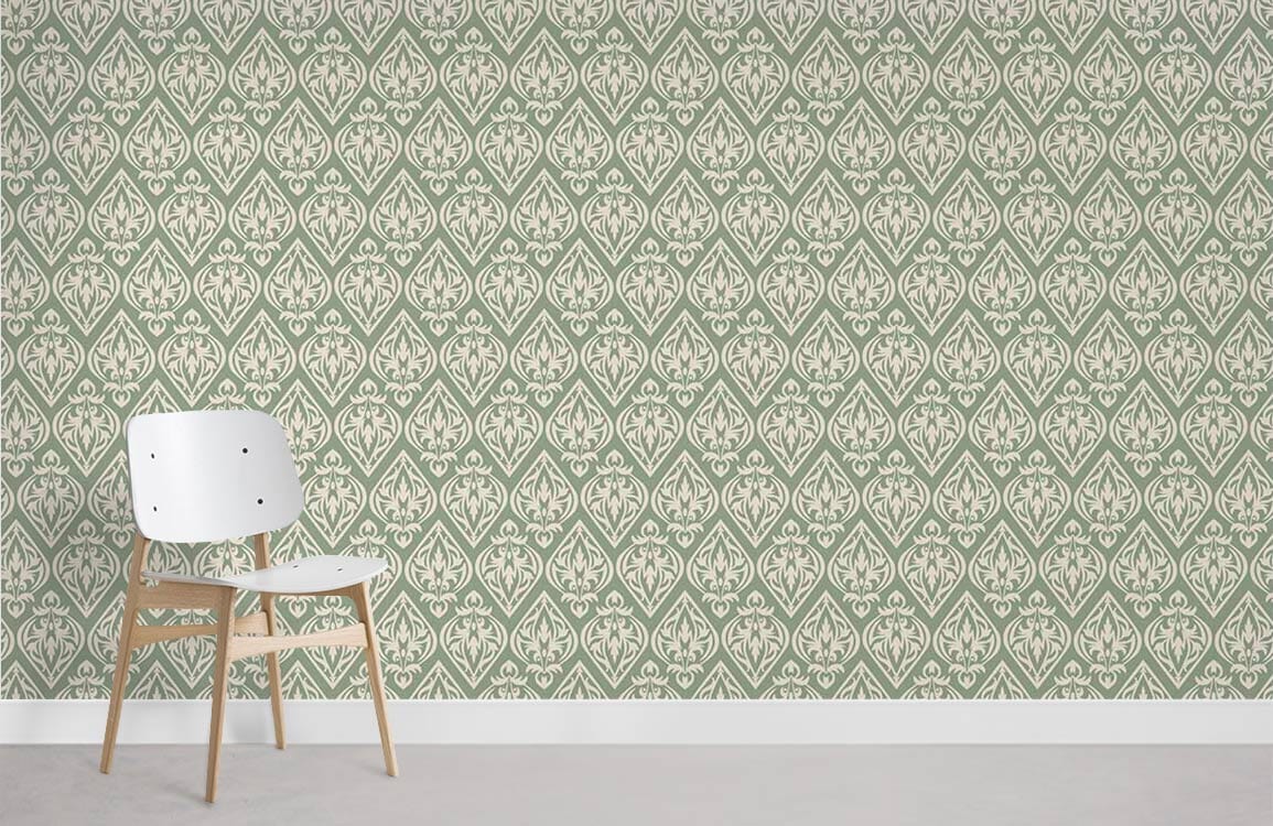 Victorian-inspired damask sage green wallpaper with white chair on grey wooden floor. Elegant interior design.