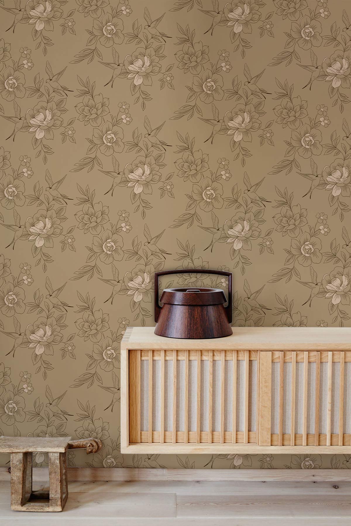 Vintage floral beige botanical wallpaper with radiator cover; light wood furniture, minimal interior decor.