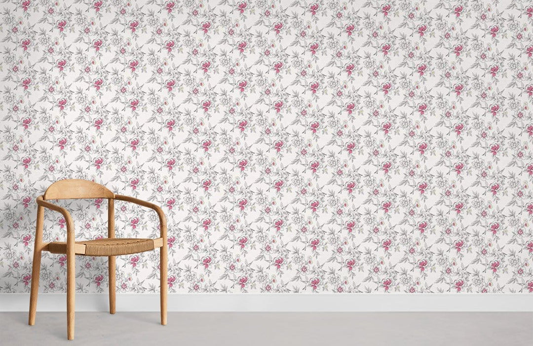 Elegant pink and white floral wallpaper with wooden chair, light grey flooring, vintage pattern design.