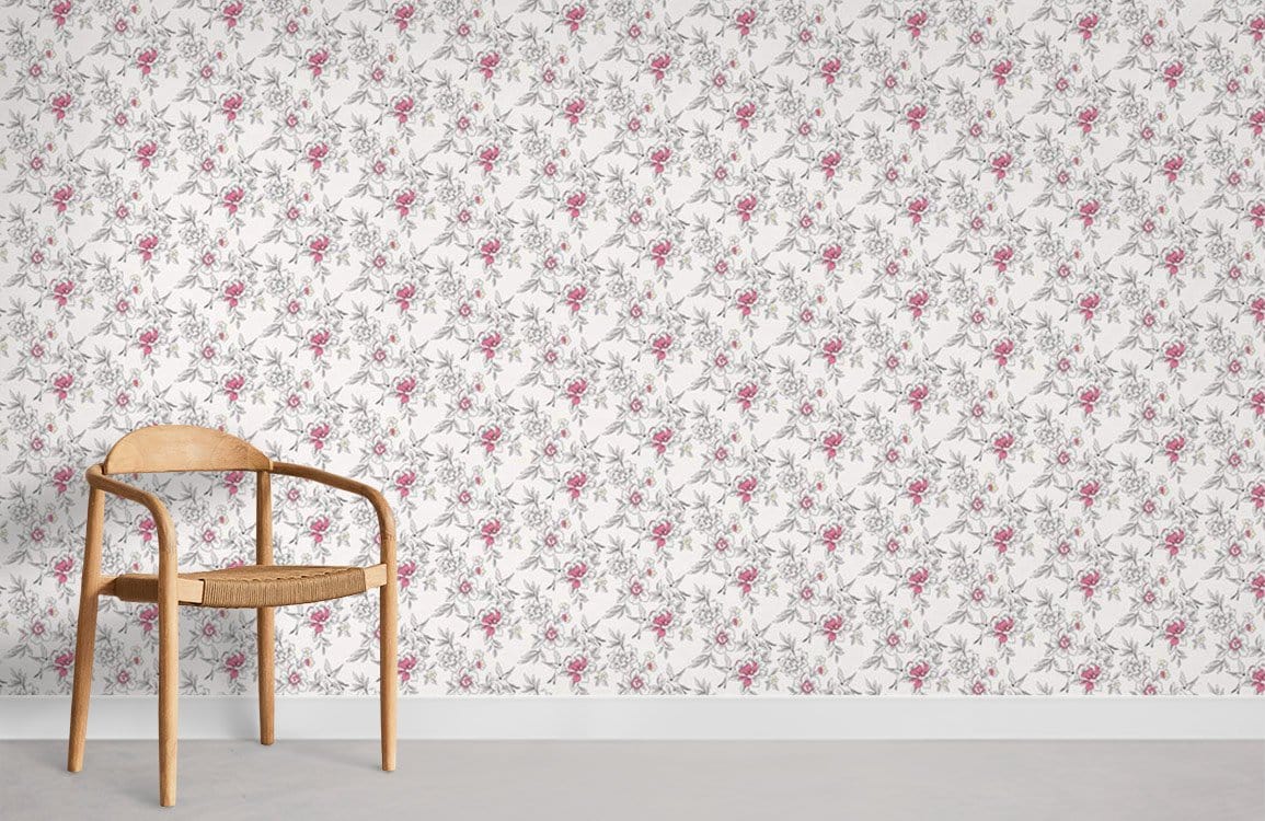 Elegant pink and white floral wallpaper with wooden chair, light grey flooring, vintage pattern design.