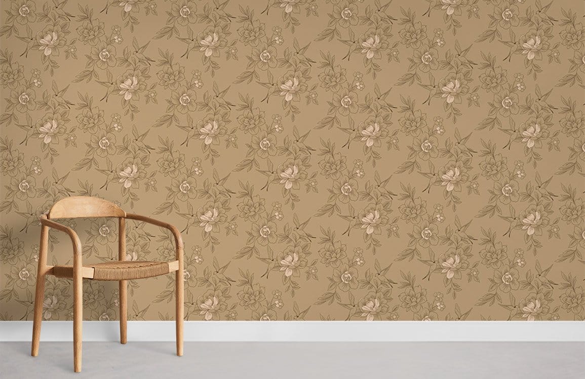 Vintage floral beige wallpaper with botanical pattern, wooden chair, neutral flooring in elegant room setting.