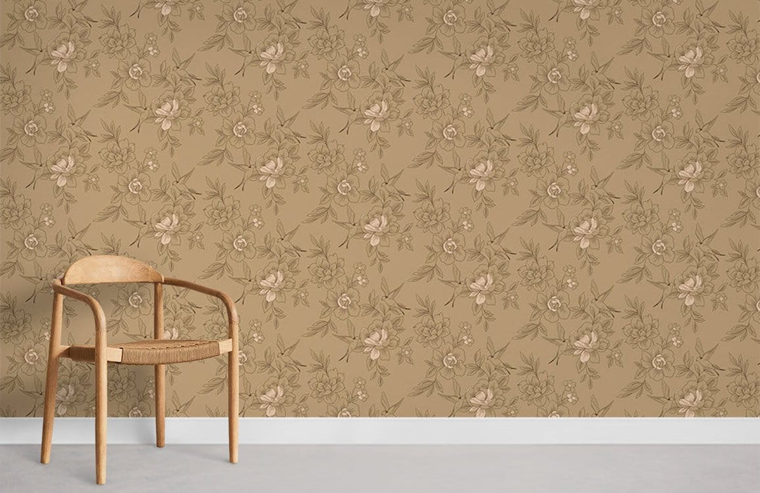 Vintage floral beige wallpaper with botanical pattern, wooden chair, neutral flooring in elegant room setting.