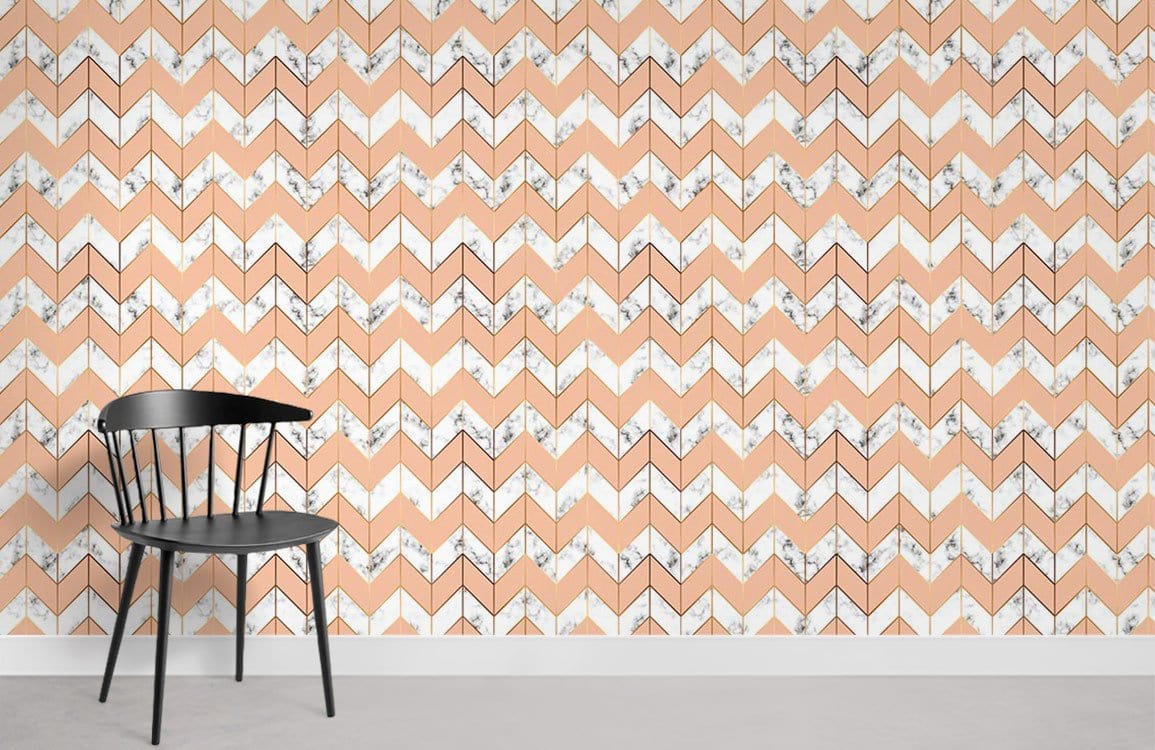 Peach Chevron Geometric Wallpaper with Marble Detail and Black Chair in Modern Minimalist Room.