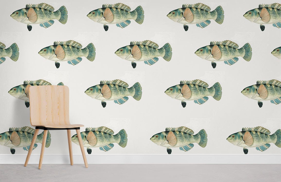 Vintage Fish Pattern Wallpaper in Soft Green; minimalist wooden chair; modern grey flooring.