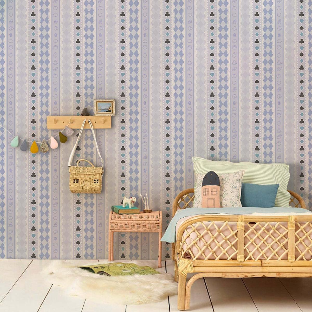Vintage Blue Striped Floral Wallpaper in cosy nursery, rattan sofa, and light wood flooring setting.