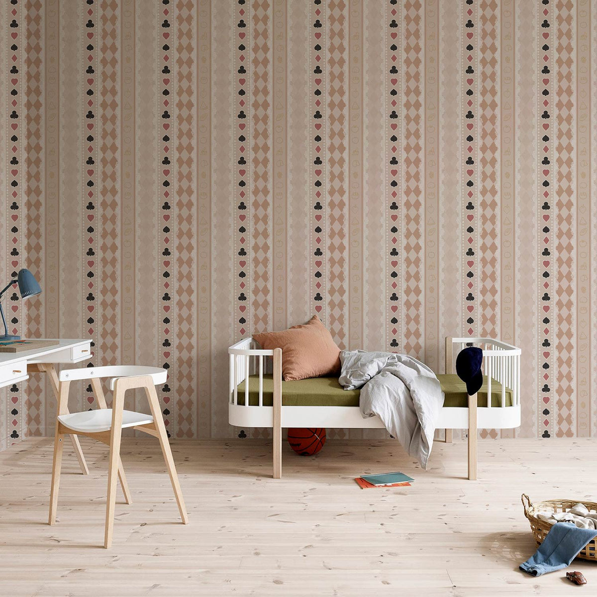 Vintage stripe wallpaper in floral design, featuring softwood flooring, modern chair, desk, and daybed.
