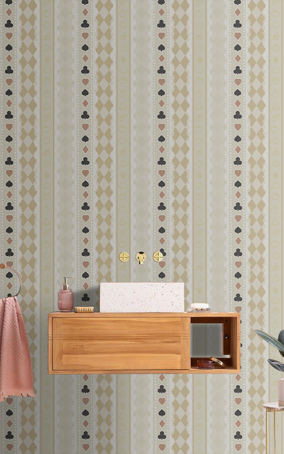 Classic beige and cream striped wallpaper with wooden vanity in modern bathroom setting. Dimensional design.