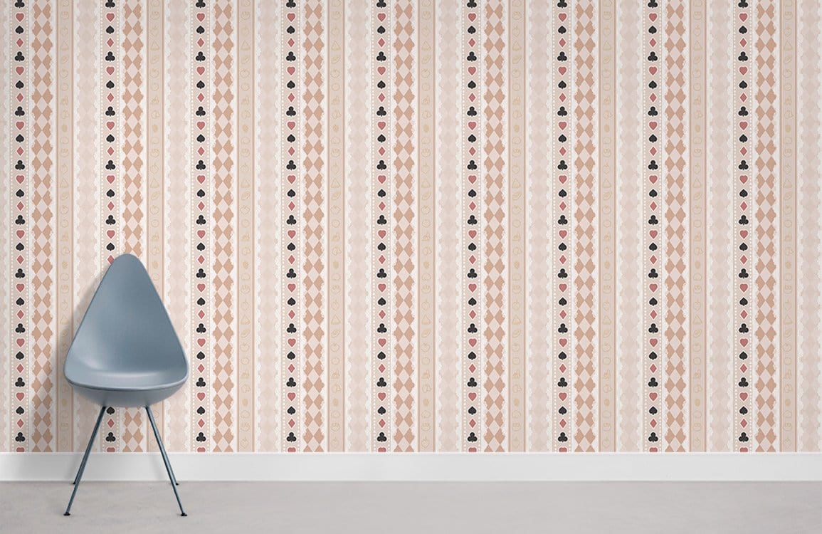 Vintage stripe wallpaper in soft beige, pink floral design, grey chair, grey flooring, modern style.