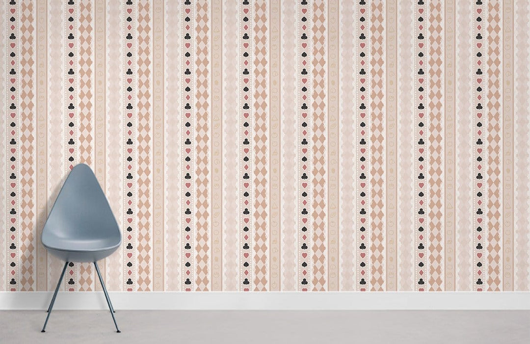 Vintage stripe wallpaper in soft beige, pink floral design, grey chair, grey flooring, modern style.