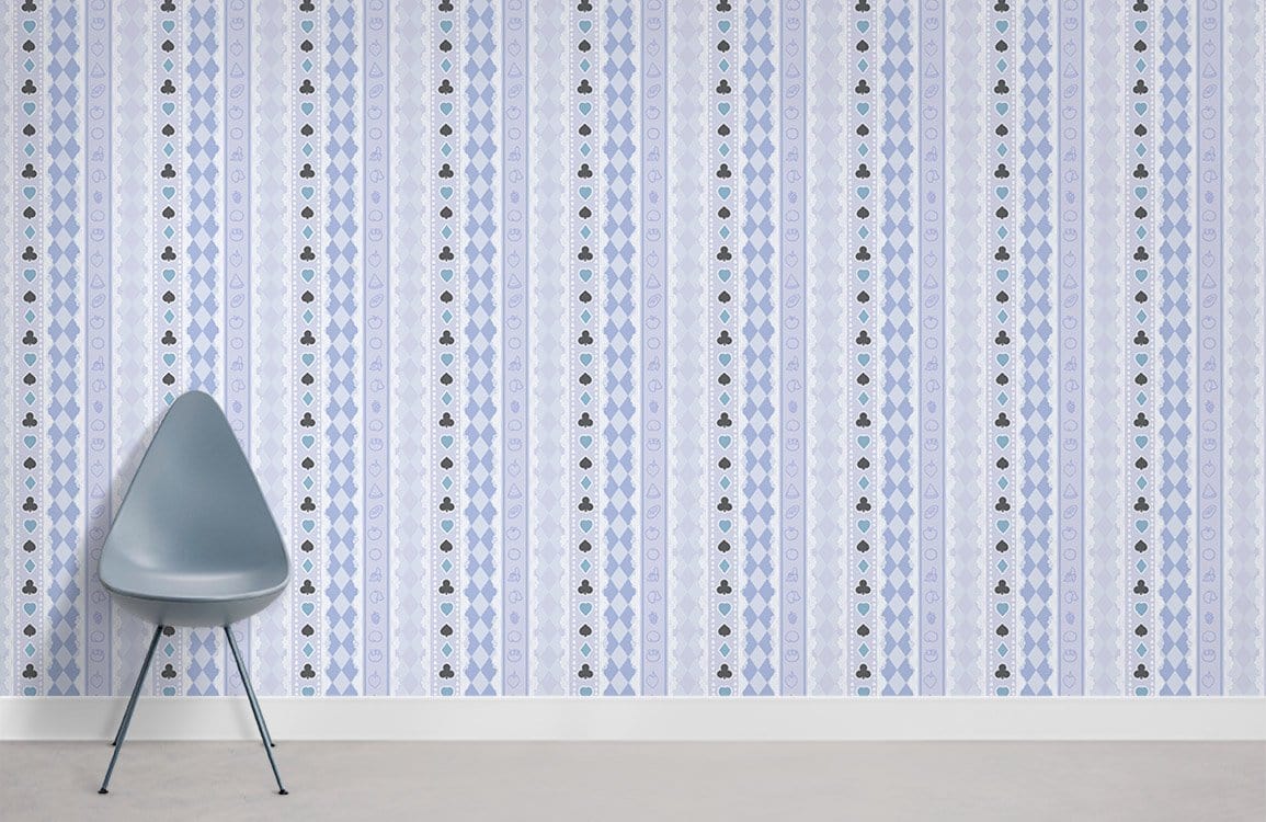 Blue striped floral wallpaper for classic interiors, grey chair, modern design, neutral flooring.