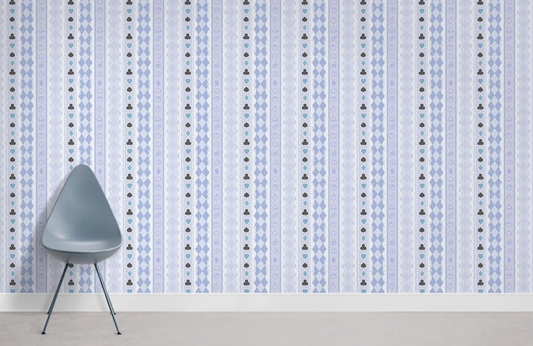 Blue striped floral wallpaper for classic interiors, grey chair, modern design, neutral flooring.