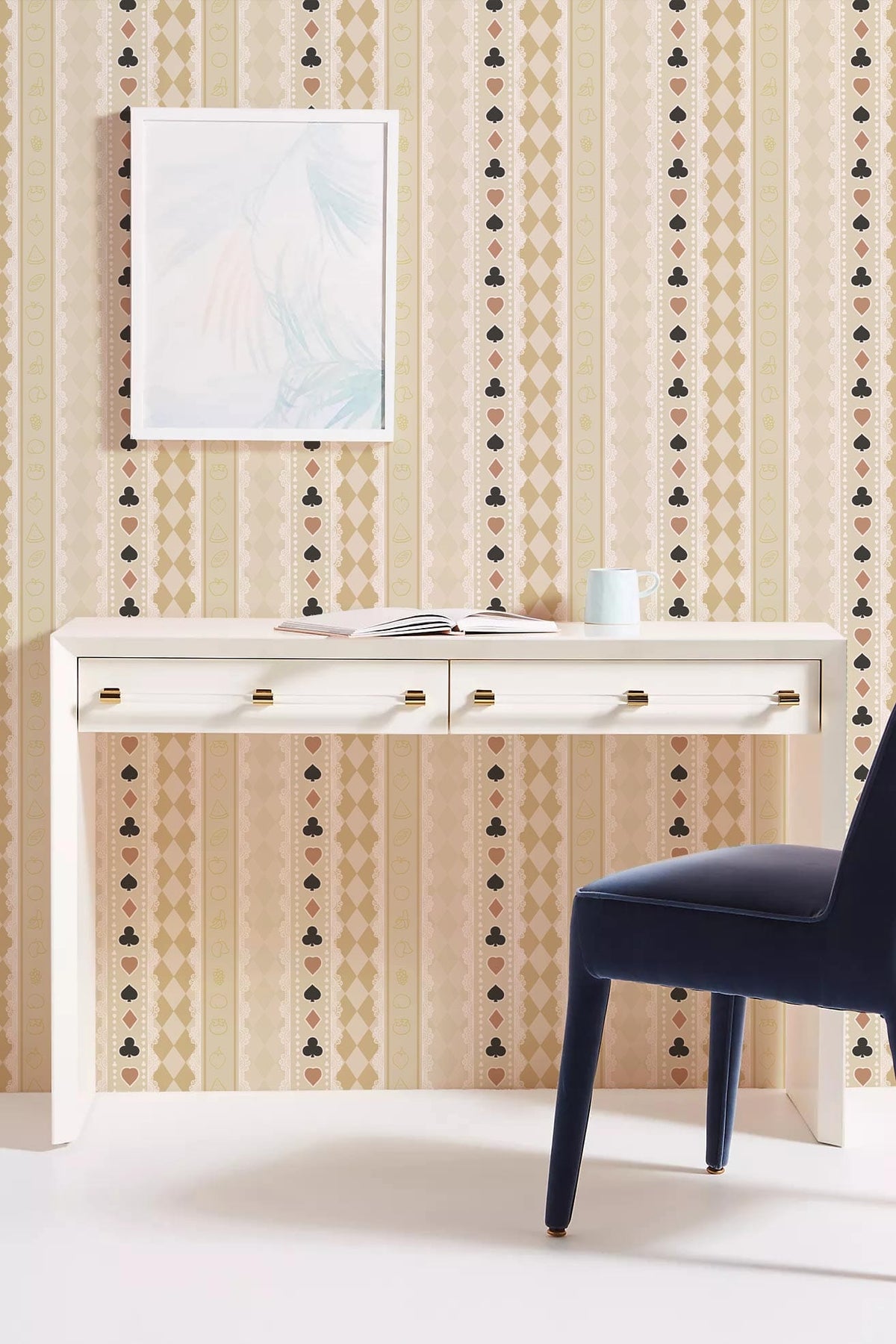 Classic Beige and Cream Striped Wallpaper in modern room with white desk and navy chair.
